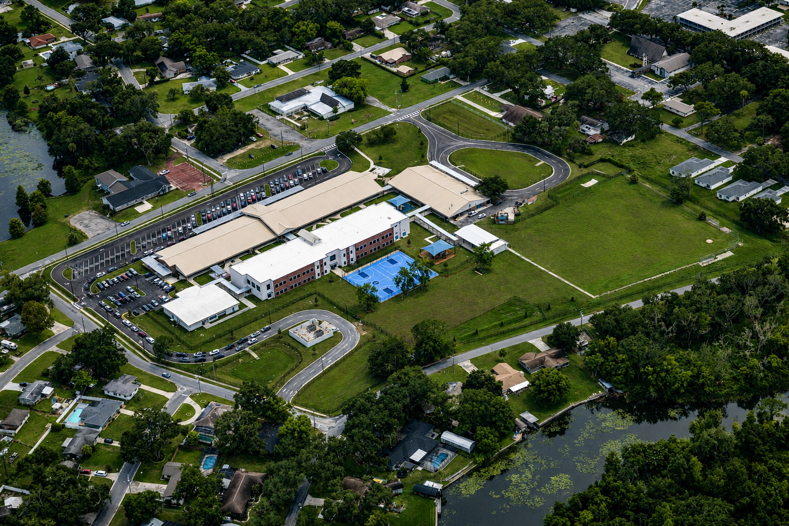 Aerial view of Beverly Shores Elementary School in Leesburg, Florida