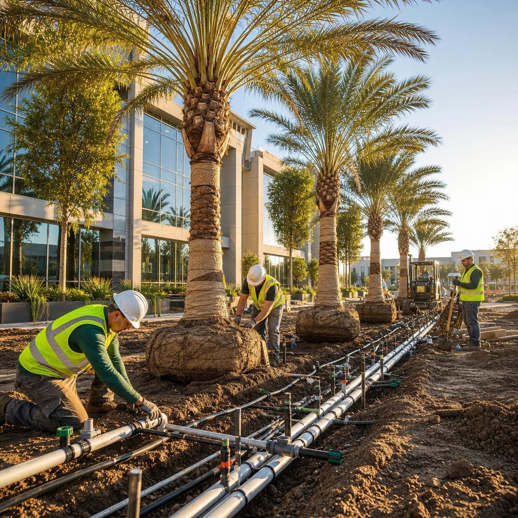 Commercial site — earthwork to finished landscape — after